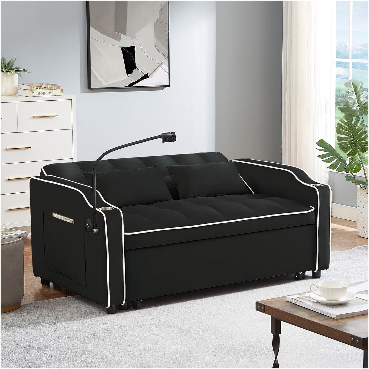 JEEOEHY 3 in 1 Convertible Sleeper Sofa Bed,Velvet Pull Out Couch Bed w USB&Type C Port,Comfy Futon Loveseat w Adjustable Backrest&Phone Stand&Cup Holder for Living Room Apartment Small Space(Black) JEEOHEY