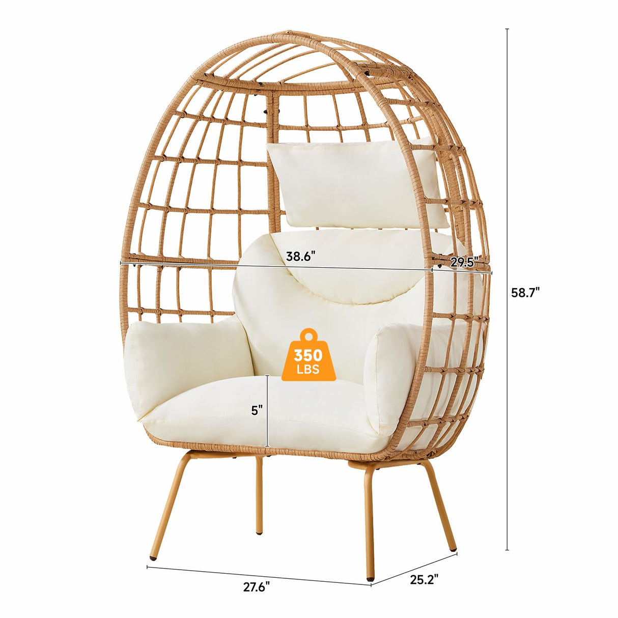 ONBRILL Oversized Egg Chair, Indoor Outdoor Egg Rattan Chair with PE Rattan, Steel Frame and Detachable Cushions, Wicker Lounger for Patio, Pool, Living Room, Bedroom - Beige ONBRILL