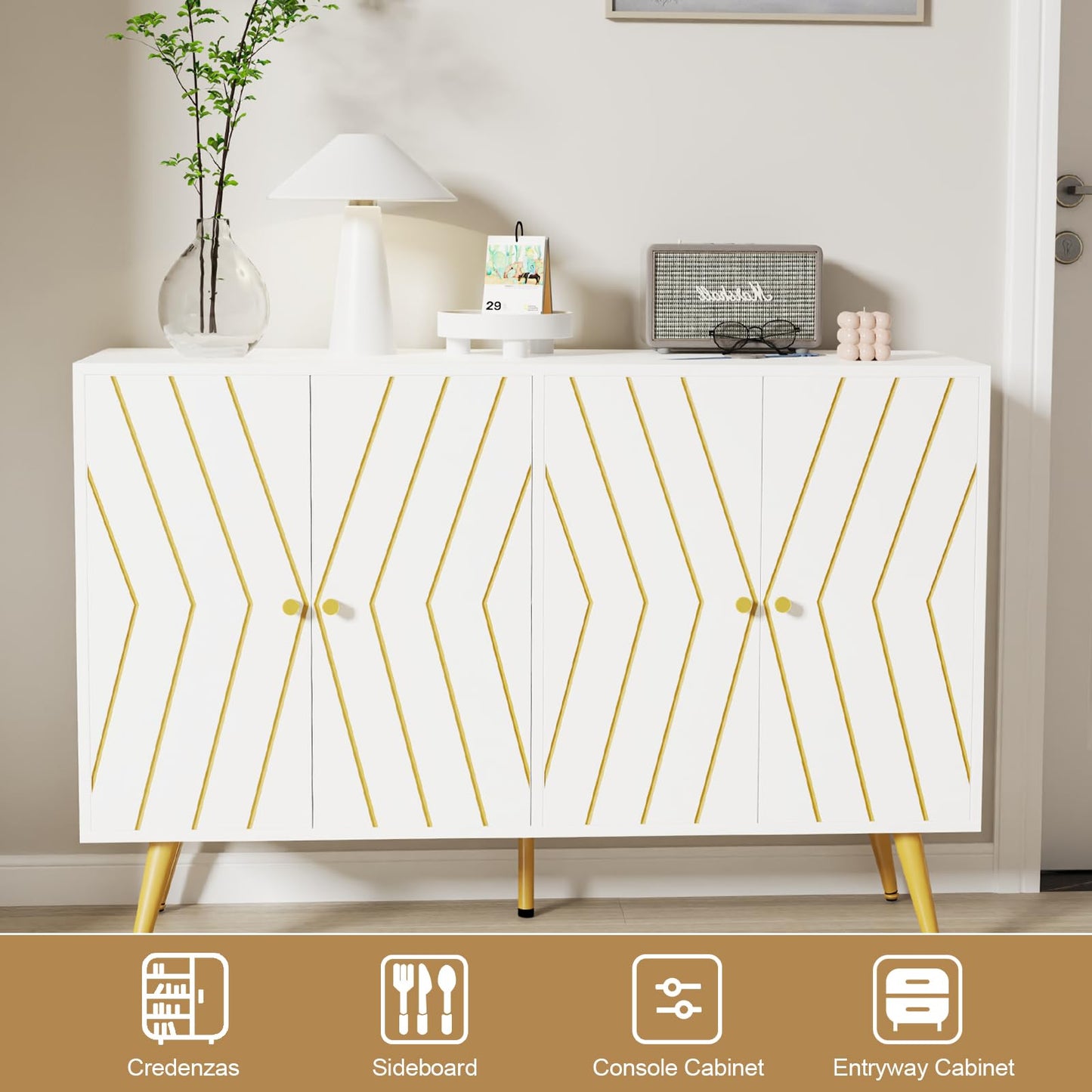 FABLISS 48" Sideboard Buffet Cabinet with Storage, White & Gold Lines Accent Storage Cabinet with 4 Doors, Modern Credenza for Living Room, Dining Room, Entryway, Hallway, Kitchen