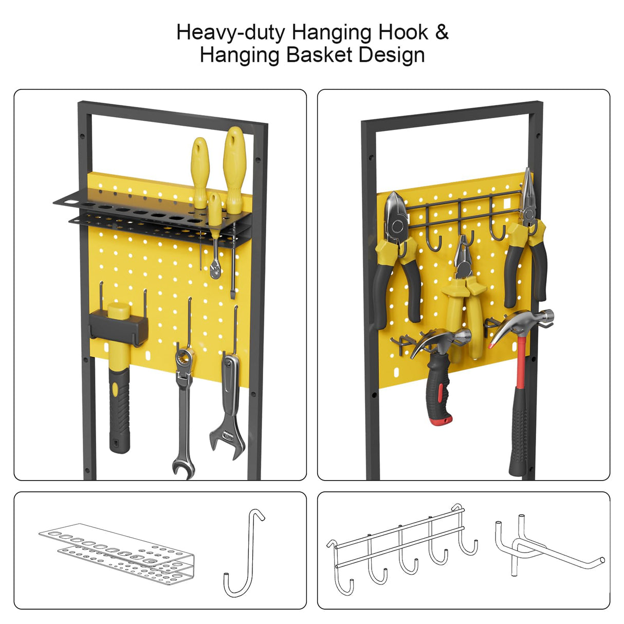 Power Tool Organizer Cart with Charging Station, Heavy Duty Garage Tool Organizer Rolling Tool Battery Storage with 8-Outlet Power Strip, 4 Wheels, 2 Hanging Baskets, 8 Hooks, Drill Bit Holder, Yellow NEYCIL