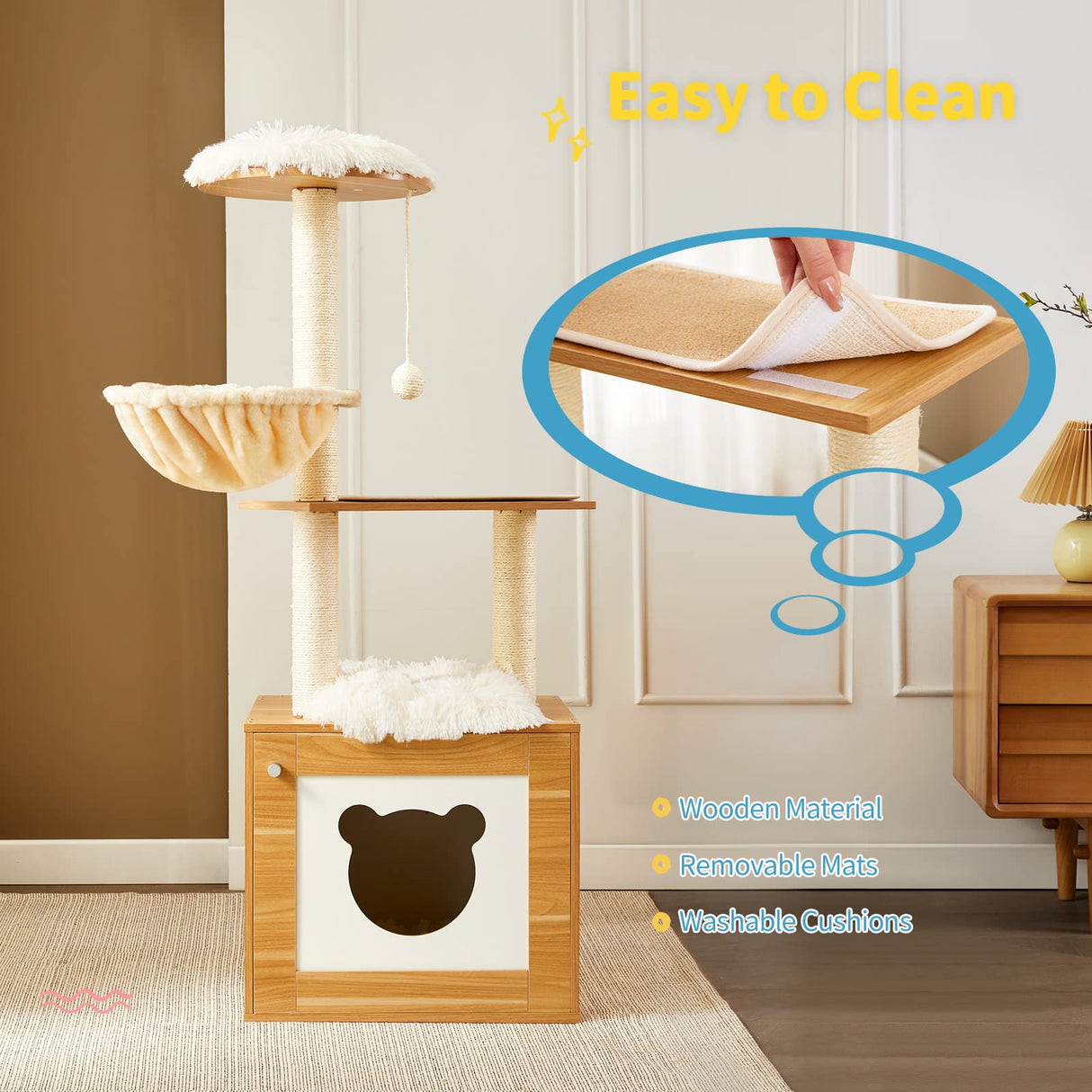 Made4Pets Cat Tree with Litter Box Enclosure, 2-in-1 Modern Cat Tower for Indoor Cats, 48.6" Wood Kitten Condo with Scratching Post and Hammock, Removable Scratch Pad for Large Cats MADE 4 PETS