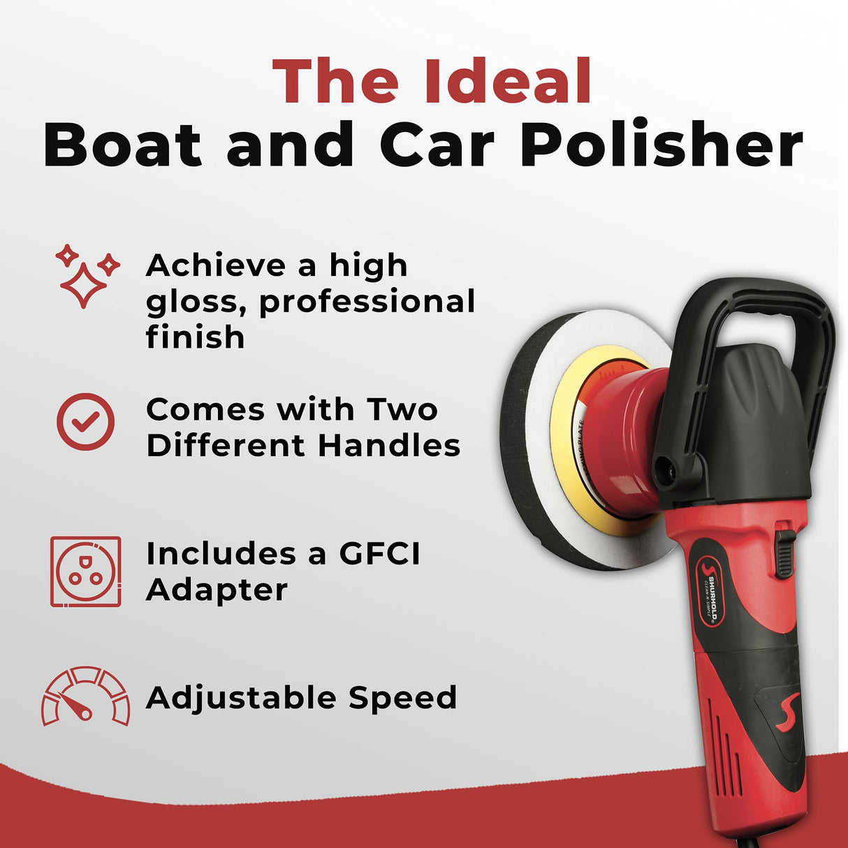Shurhold 3101 Dual Action Random Orbital Car Boat Buffer Polisher Starter Kit with 16oz Pro Polish Wax & Sealant, 6.5” Foam Pad, Microfiber Towel, and Carrying Bag , Red Shurhold