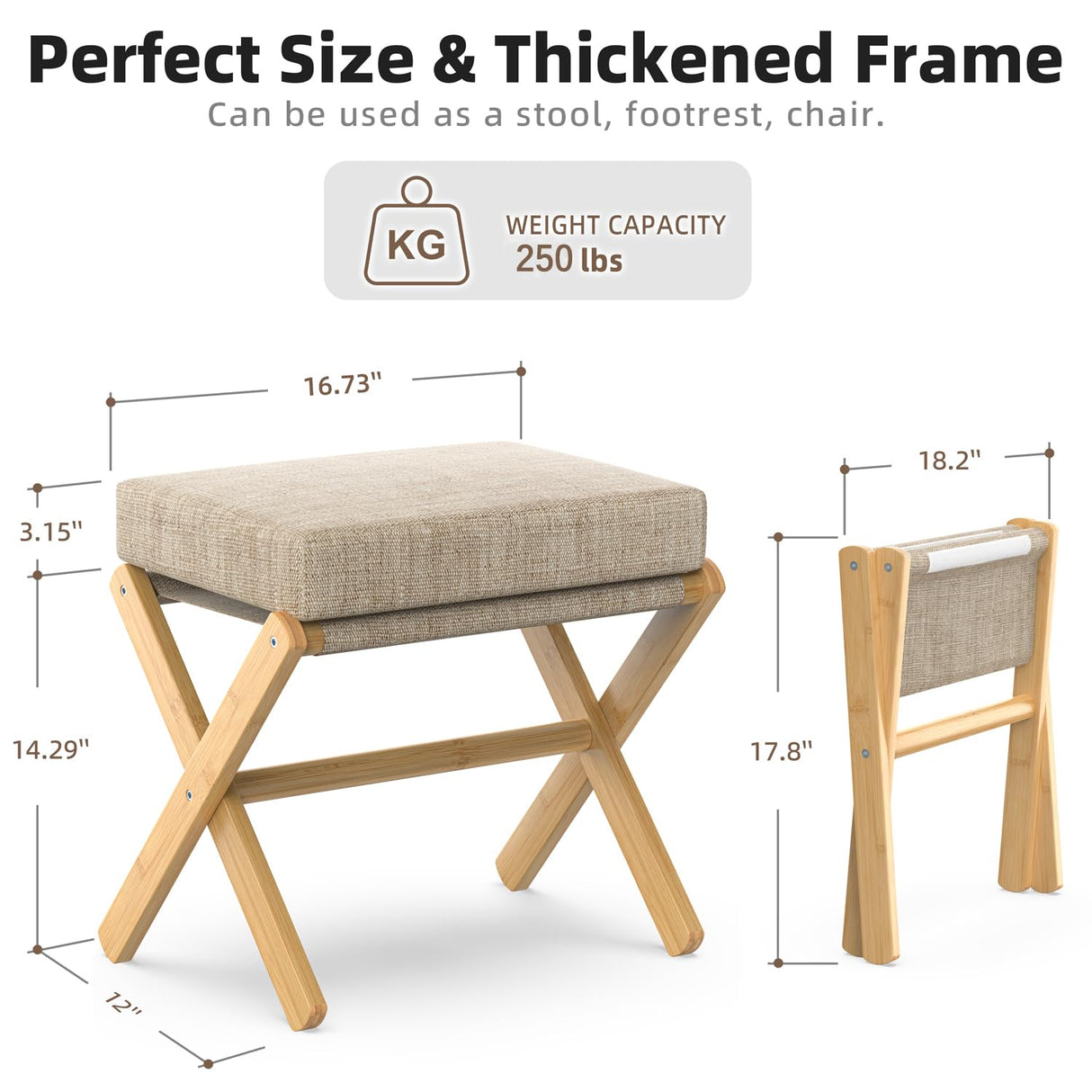 BAMBOOHOMIE Foldable Foot Stool Ottoman, Modern Foot Rest with Bamboo X Legs & Thick Foam Cushion, Folding Foot Stools Small Padded for Bedroom Living Room, Makeup Vanity Stool Chair (Natural - Brown) BAMBOOHOMIE