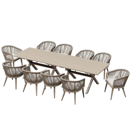 PURPLE LEAF Outdoor Dining Set for 10 All-Weather 12 Pieces Patio Aluminium Dining Large Table and Rope Weave Chairs Included Cushions for Backyard Deck Kitchen Modern Patio Furniture Set Champagne PURPLE LEAF