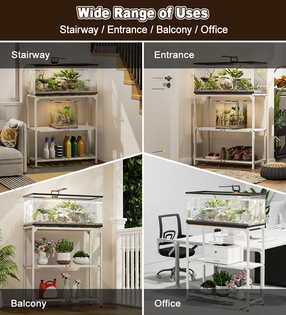 AnBaiMei 20-30 Gallon Aquarium Stand, Fish Tank Stand with Adjustable 3-Tier Storage Shelf, Heavy Duty Reptile Breeder Turtle Tank Terrarium Rack Table for Home Office, 30" L x 12" W x 32.2" H, White AnBaiMei