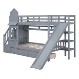 Twin-Over-Twin Bunk Beds Castle Style Bunk Bed with 2 Drawers 3 Shelves and Slide - Gray Merax