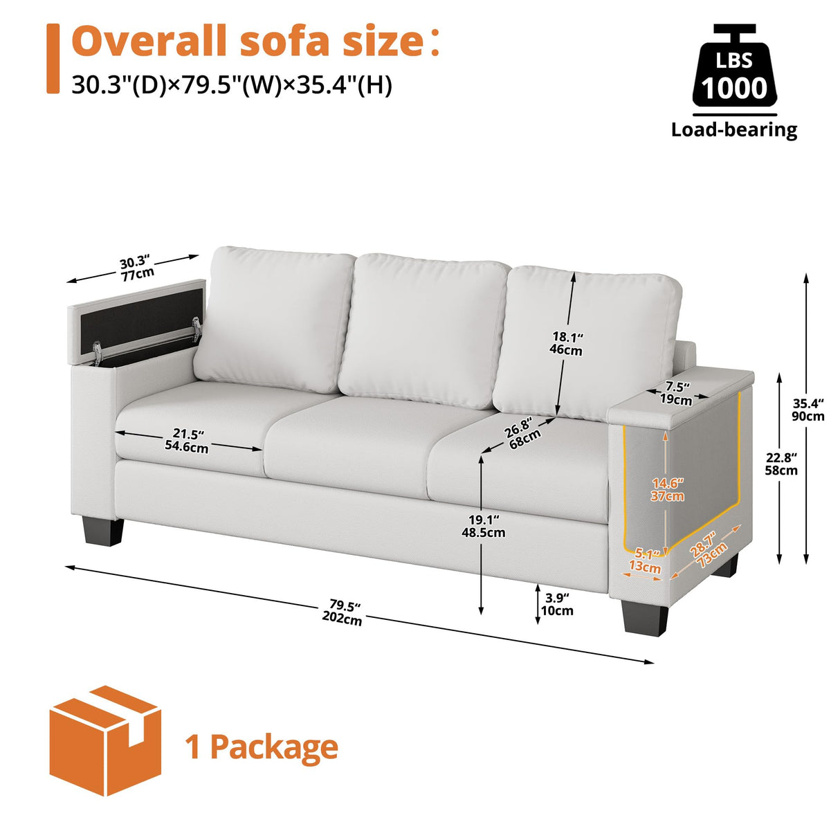 LIKIMIO Sofas Couches for Living Room, with Storage Wide Armrest, 80" Chenille 3 Deep Seater Couch, Skin-Friendly, Easy to Install(Beige) LIKIMIO