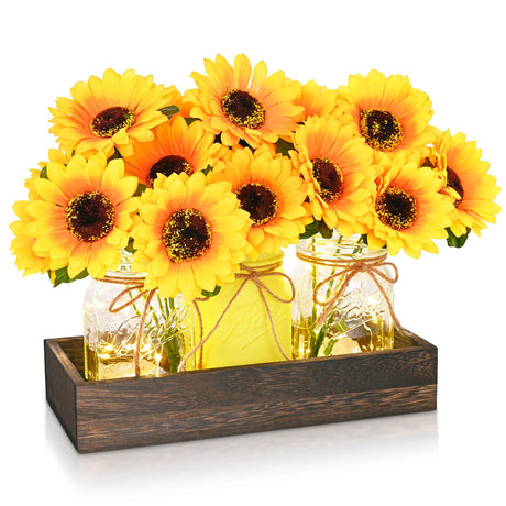 BLEUM CADE Centerpieces Table Decorations - 3Pcs Sunflowers Artificial Flowers in Mason Jars with Wood Tray, Dining Table Centerpiece Decor, Coffee Table Farmhouse Living Room Home Decorations BLEUM CADE