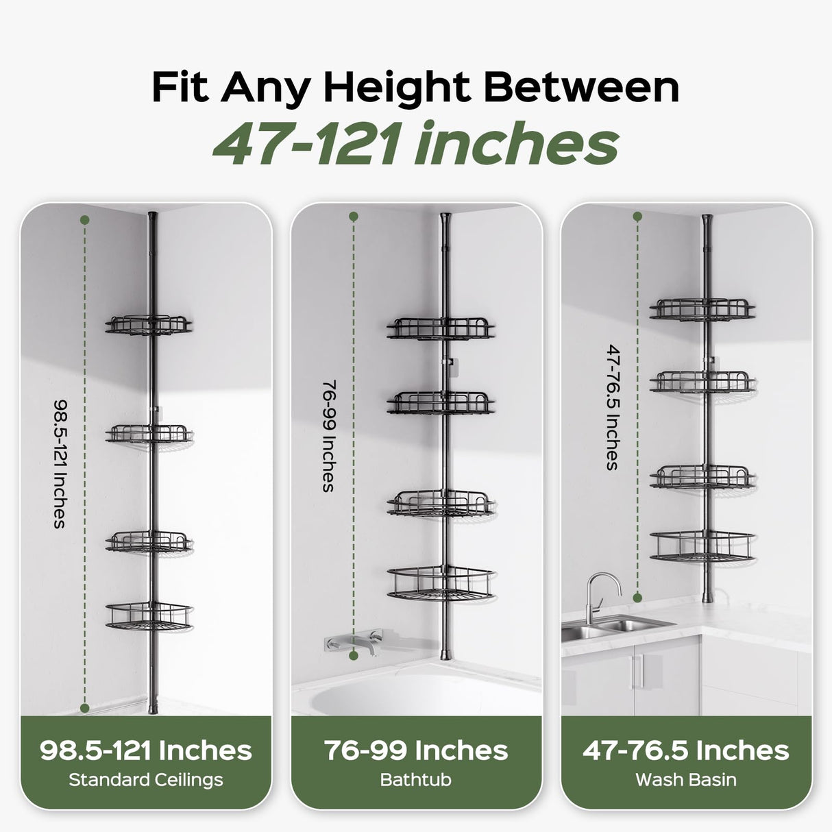 HAMITOR Shower Caddy Tension Pole: 4-Tier Rustproof Bathroom Corner Shelf Organizer for Renters - No Drill Large Shampoo Storage Rack - Adjustable 47-121 Inch - Space Saving Bathtub Accessory - Black HAMITOR