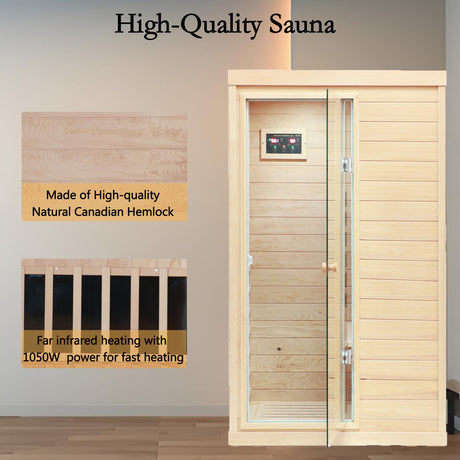 LTCCDSS Infrared Sauna, 1 Person Far Infrared Sauna for Home, with 1050W Indoor Sauna, Low EMF Heaters, 2 Bluetooth Speakers, 1 LED Reading Lamp Hemlock Wood Sauna Room Left Door LTCCDSS