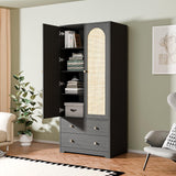 VINGLI Wardrobe Closet with Doors, Rattan Armoire Closet with Drawers & Hanging Rod, Armoire with Shelves, Wooden Wardrobe for Hanging Clothes, Black, 68.9" H VINGLI