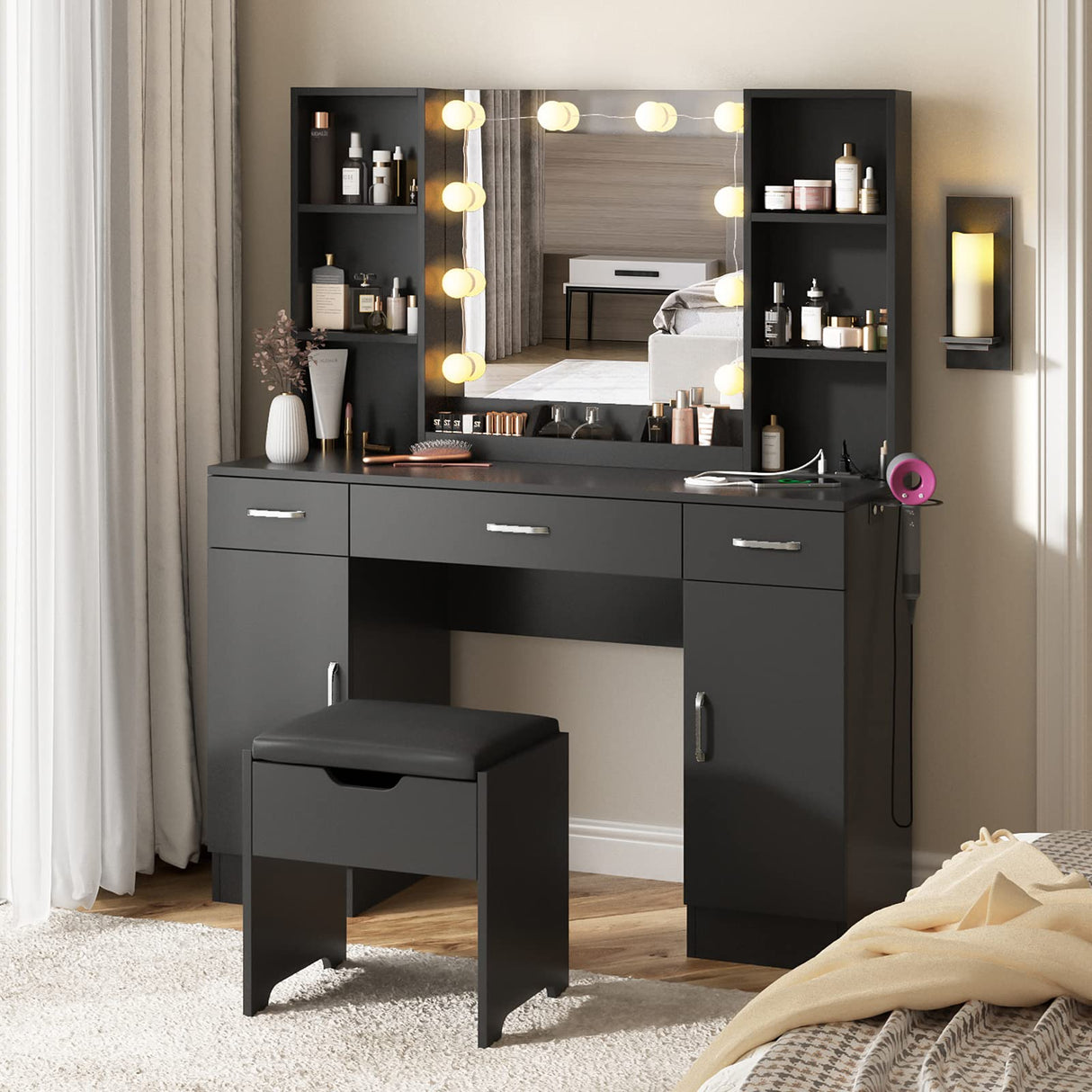 Vabches Makeup Vanity Table with Lighted Mirror & Power Strip, Large Vanity Set Vanity Desk with Lots Storage, 3 Lighting Modes, Brightness Adjustable, 45.2in(Large, Black) Vabches