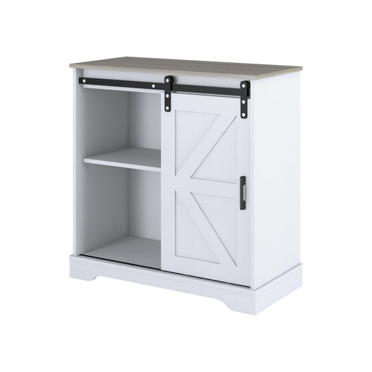 Panana Sliding Barn Door Buffet Sideboard Storage Cabinet Coffee Bar Kitchen Farmhouse Style (White Cabinet Nature Top) - WoodArtSupply