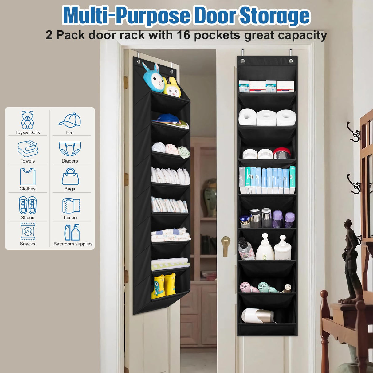 SLEEPING LAMB 2 Pack Narrow Over The Door Shoe Organizer with 8 Large Deep Pockets, Hanging Shoe Rack for Closet Door Storage for Boots, Sneakers (Black) SLEEPING LAMB