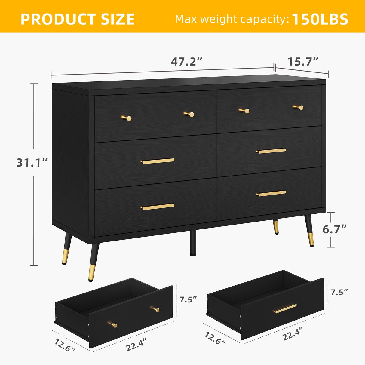 DWVO 6 Drawer Dresser, Black Wooden Drawers Storage Dresser with Golden Metal Handle ＆ Anti-Tipping Device, Modern Double Chest of Drawers for Hallway, Entryway, Living Room DWVO