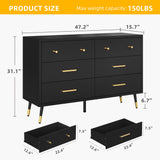DWVO 6 Drawer Dresser, Black Wooden Drawers Storage Dresser with Golden Metal Handle ＆ Anti-Tipping Device, Modern Double Chest of Drawers for Hallway, Entryway, Living Room DWVO