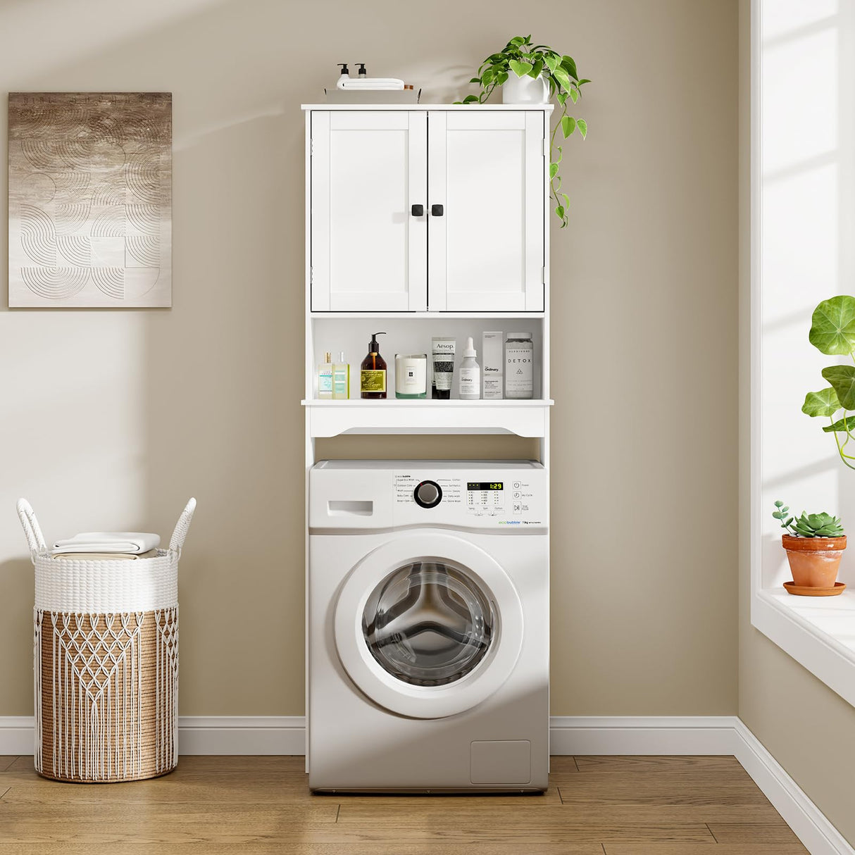 RRX Over The Toilet Storage Cabinet,Bathroom Above Toilet Cabinets Organizer, 24.8" L x 9.1 "W x 65.7 "H Free Standing Toilet Rack with Adjustable Shelf and Open Storage,Double Doors, White RRX