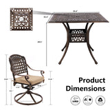 Grepatio 5 Piece Cast Aluminum Patio Dining Set Outdoor Furniture Set with 4 Mesh Swivel Rocker Ding Chairs, 4 Khaki Cushions and 35.4" Square Patio Table 2.4" Umbrella Hole, Antique Bronze Grepatio