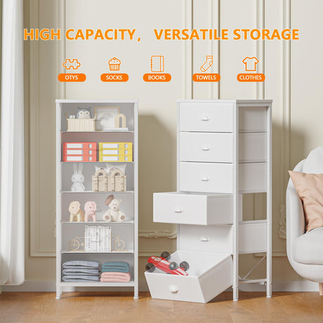 Furnulem White Tall Dresser for Bedroom,Vertical Storage Tower Unit and End Table with 6 Drawers, Nightstand Furniture with Fabric Drawer Organizer in Living Room,Closet,Entryway,Hallyway Furnulem