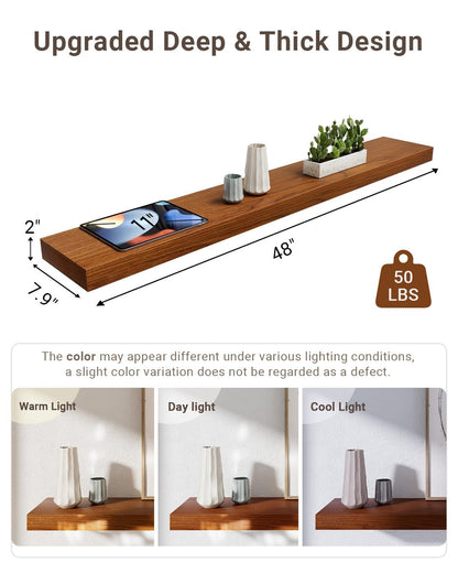 QueenFun 48 Inch Long Floating Shelves, Deeper and Thick Walnut Wood Floating Shelves, Large Floating Shelf for Wall, Fireplace Mantel 48 Inch Long, 48x8x2, Cheery Wood Color