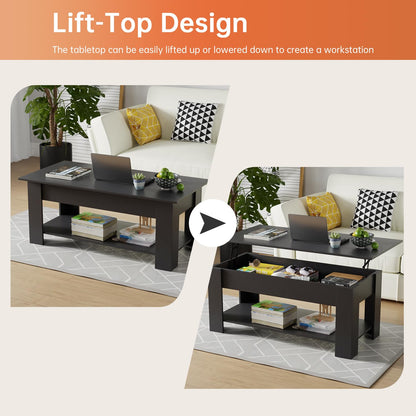 FDW Coffee Table Lift Top Coffee Table Coffee Table with Hidden Compartment and Storage Shelf for Living Room Reception Room 47.2in L,Black - WoodArtSupply