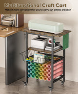 Queension Craft Cart with Wheels Compatible with Cricut Machines, Craft Organization and Storage Stand with Craft Table for Cricut Accessories, Rolling Storage Cart with 24 Vinyl Roll Hollers，Black Queension