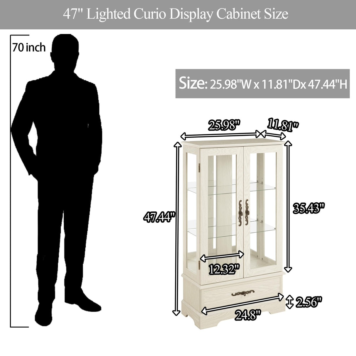 TRJQBCC 3-Tier Lighted Curio Display Cabinet, 47" H Glass Accent Storage Cabinet with Adjustable Glass Shelves & 1 Drawer, Wooden Wine Display Case with Mirrored Back Panel for Living Room (White) TRJQBCC