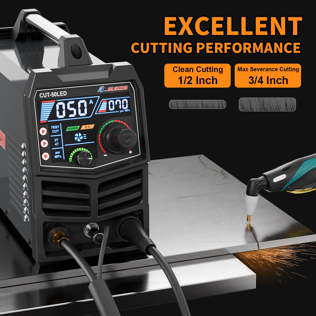 GZ GUOZHI Plasma Cutter, [Large LED Display] 50Amps Cutter Machine with 110/220V Dual Voltage DC Inverter IGBT 1/2 Inch Clean Cut Post Flow and 2T/4T, for Beginners DIY GZ GUOZHI