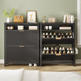 AOGLLATI Shoe Cabinet Storage,Narrow Fluted Shoe Rack Cabinet with 2 Flip Drawers, Wooden Freestanding Organizer with Open Storage Space for Entryway,Black AOGLLATI