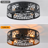 Garwarm 20in Caged Ceiling Fan with Light,Bladeless Black Fandelier Ceiling Fan with Remote,Industrial Farmhouse Flush Mount Ceiling Fan Light Fixtures for Kitchen,Bedroom, Living room（6 Speed,Timing） Garwarm