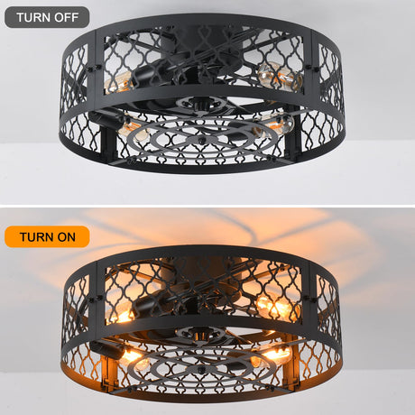 Garwarm 20in Caged Ceiling Fan with Light,Bladeless Black Fandelier Ceiling Fan with Remote,Industrial Farmhouse Flush Mount Ceiling Fan Light Fixtures for Kitchen,Bedroom, Living room（6 Speed,Timing） Garwarm