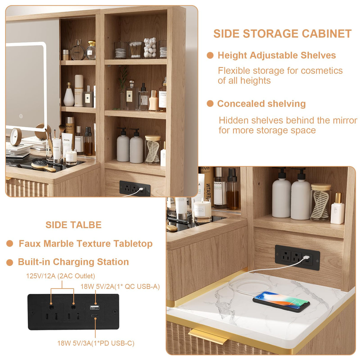 48" Fluted Makeup Vanity Desk with Sliding Mirror and Lights, Wooden Dressing Table with 5 Drawers and Adjustable Shelves,Makeup Vanity Table Modern Glass Top with Charging Station for Bedroom (Oak) TTSITG