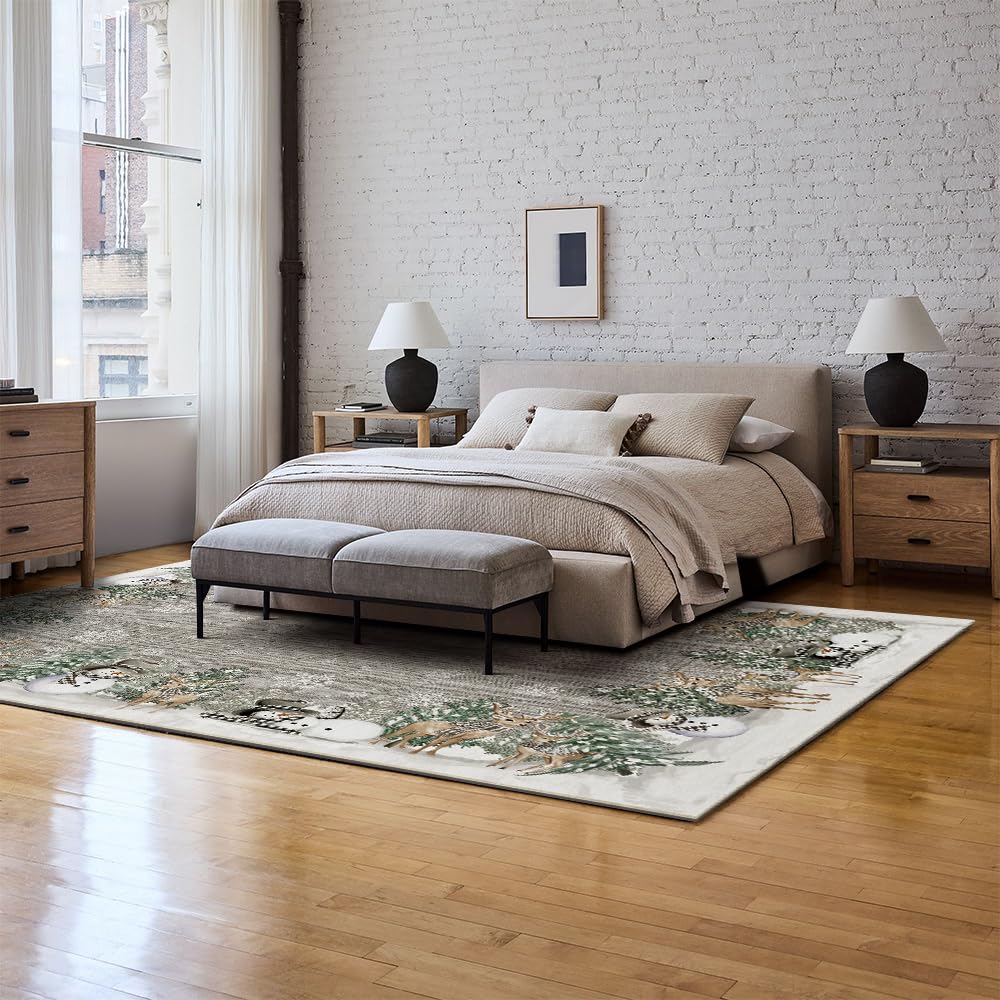 Artoid Mode Grey Snowman Deer Tree Christmas Area Rug, Winter Home Decor Low-Profile Washable Area Rugs for Entryway Bedroom Living Room Laundry Room Indoor 5x7 Feet Artoid Mode