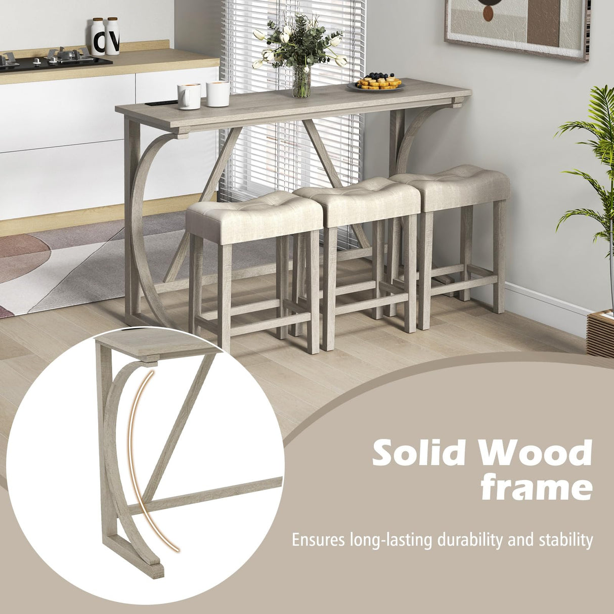 COSTWAY 4-Piece Farmhouse Bar Table Set with Power Outlet, Counter Height Dining Table Set w/ 3 Upholstered Stools, Wood Console Table Set Bistro Table Set for Kitchen, Dining Room, Living Room COSTWAY