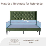 KISLOT Full Size Bed Frame, Velvet Upholstered Platform Bed Mattress Foundation, with Vertical Channel Tufted Wingback Headboard, Strong Wood Slat, No Box Spring Needed, Green KISLOT