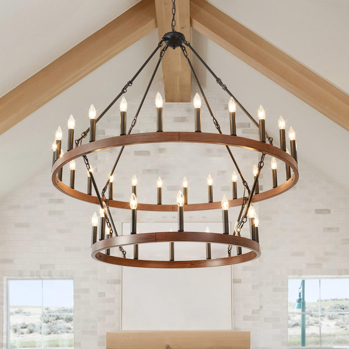 HHR 48" Wood-Grain Surface Double Tier Wagon Wheel Chandelier, 36-Light Round Farmhouse Pendant Light Fixture, Rustic Hanging Lighting for Dining Room Living Room Office(Not Solid Wood) HHR