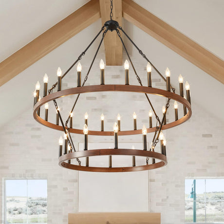 HHR 48" Wood-Grain Surface Double Tier Wagon Wheel Chandelier, 36-Light Round Farmhouse Pendant Light Fixture, Rustic Hanging Lighting for Dining Room Living Room Office(Not Solid Wood) HHR