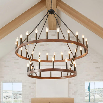 HHR 48" Wood-Grain Surface Double Tier Wagon Wheel Chandelier, 36-Light Round Farmhouse Pendant Light Fixture, Rustic Hanging Lighting for Dining Room Living Room Office(Not Solid Wood)