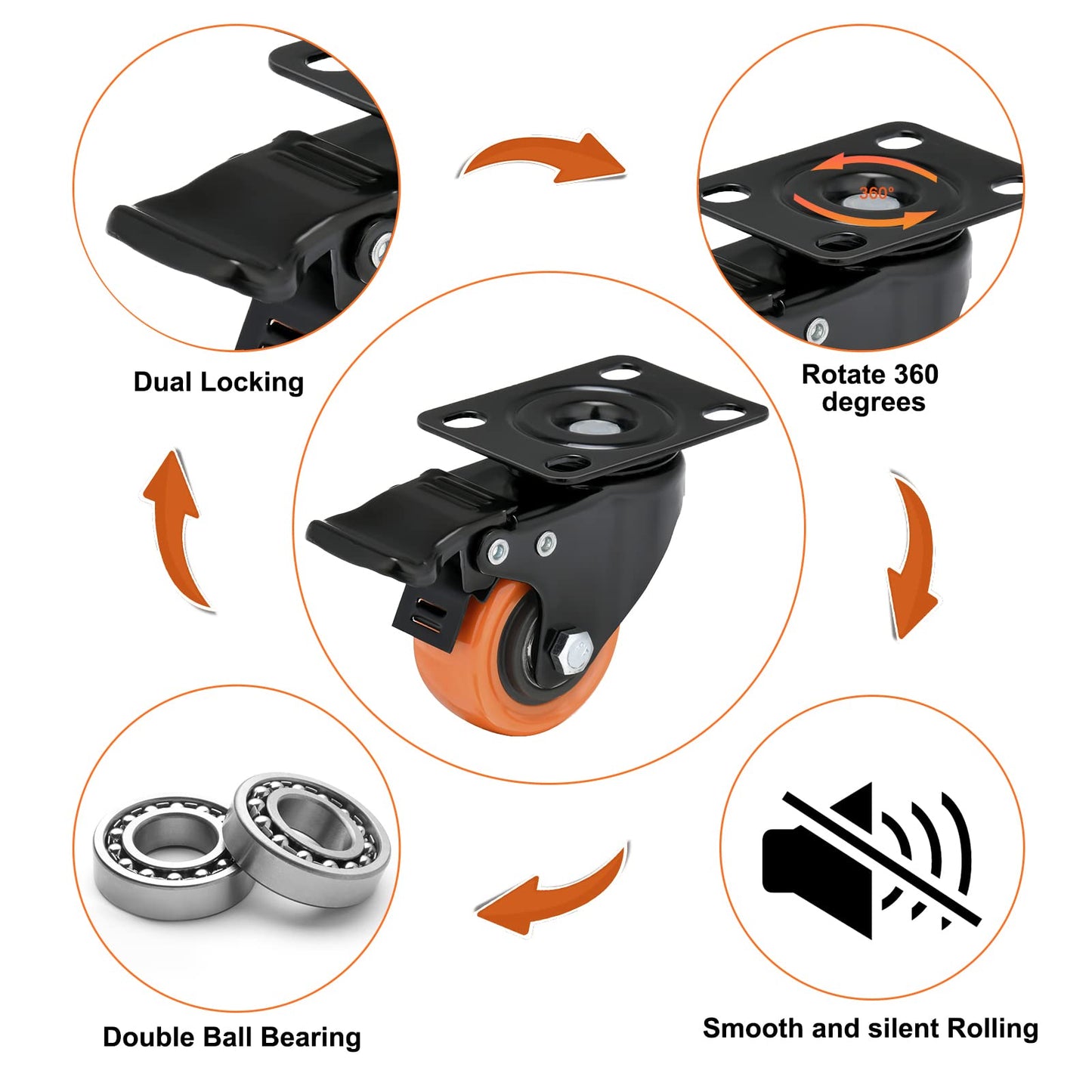 2" Caster Wheels Load 600 Lbs, Orange Polyurethane Castors, Top Plate Swivel Wheels, Casters Set of 4, Locking Casters for Furniture and Workbench, Heavy Duty Casters, 4 Pack Casters with Brake