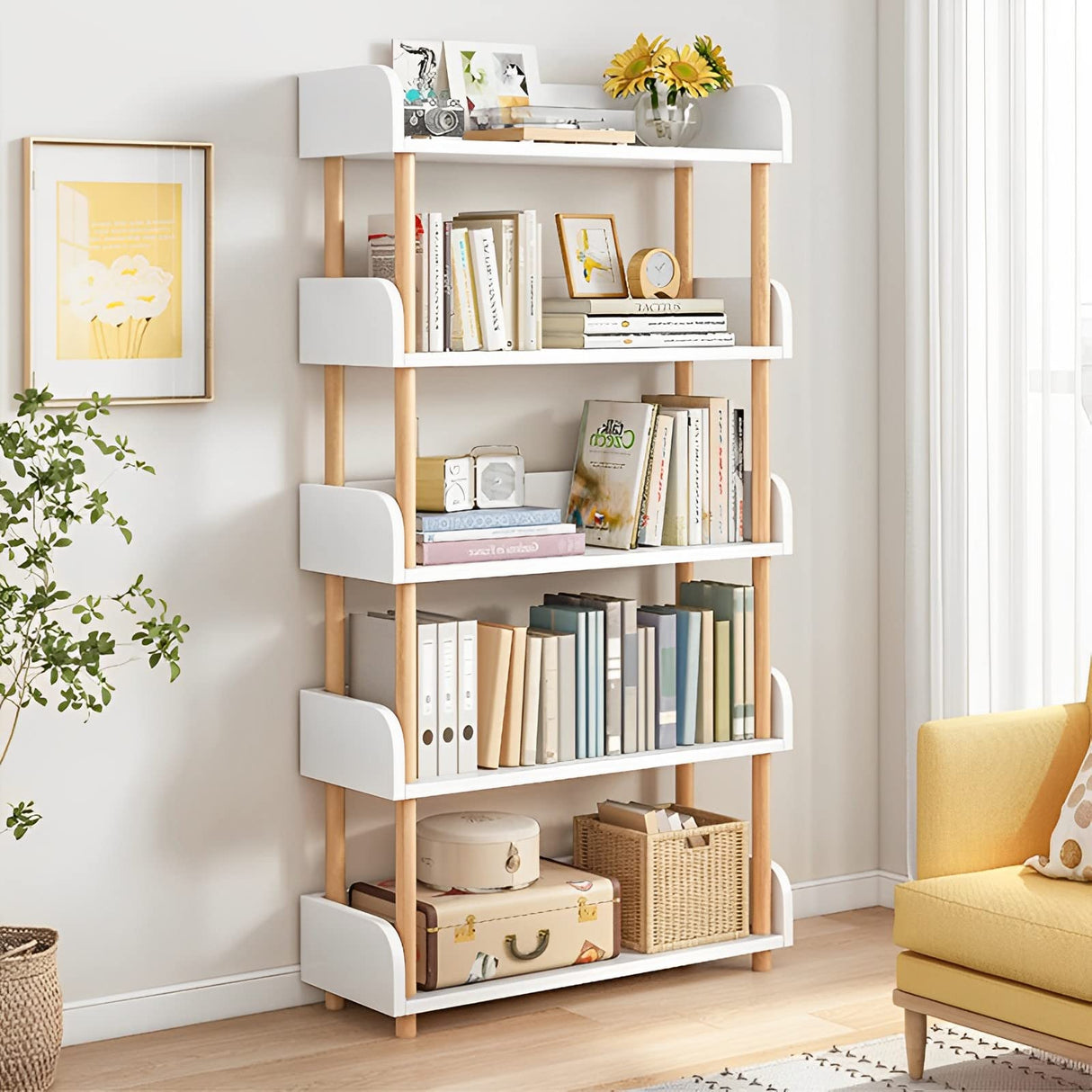 Modern 5-Tier Open Bookcase in Warm White with Solid Wood Frame and Side Panels OSCHF