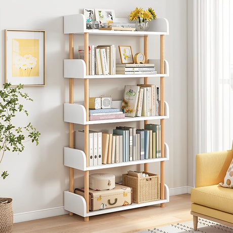 Modern 5-Tier Open Bookcase in Warm White with Solid Wood Frame and Side Panels OSCHF