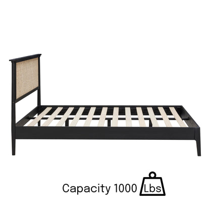 NTC Ruby Queen Bed Frame with Natural Rattan and Solid Oak, Effortless Assembly, Silent Slats - Burnt Black - WoodArtSupply