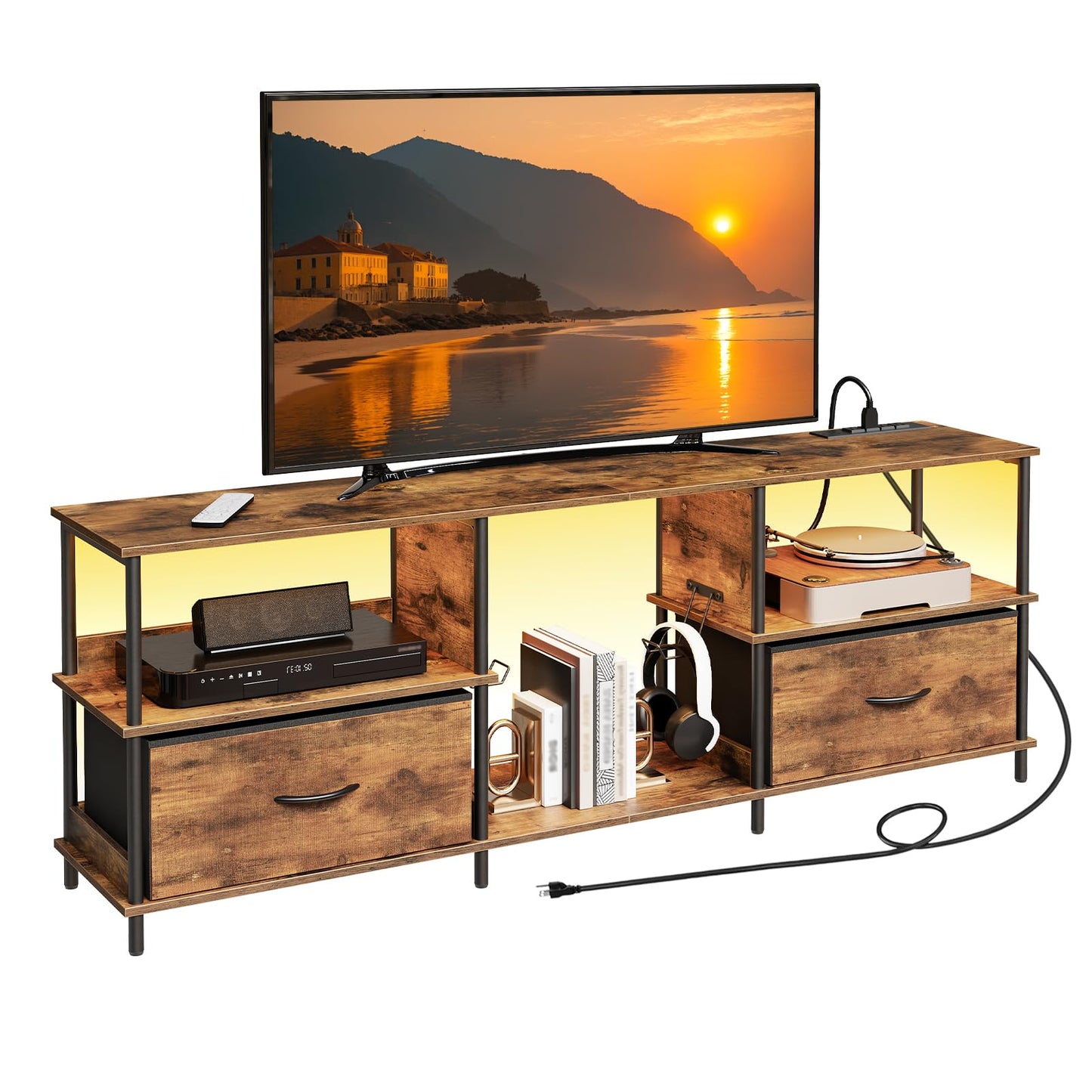 MAHANCRIS LED TV Stand with Charging Station and 2 Fabric Drawers, Entertainment Center for TVs up to 65", TV Console Table with Open Storage Shelf, for Living Room, Rustic Brown TVHR135E01