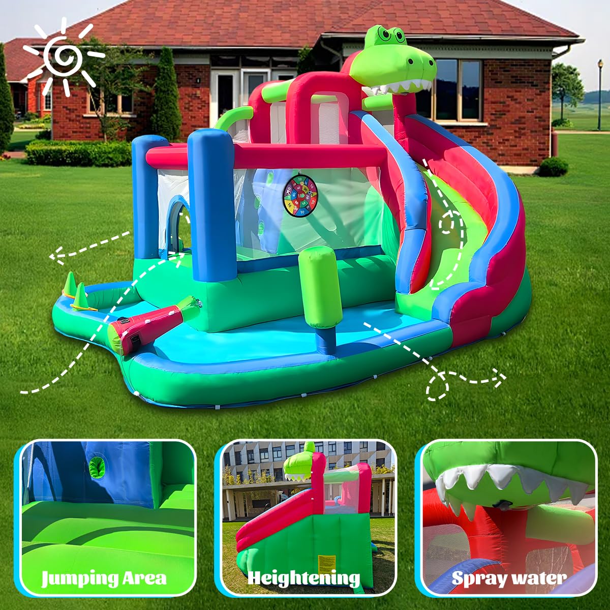 Large Dinosaur Inflatable Bounce House with Water Slide for Kids, Bouncy Castle, Splash Pool, Basketball Hoop, Climbing Wall, Air Blower, Outdoor Backyard Fun SkyGiggles