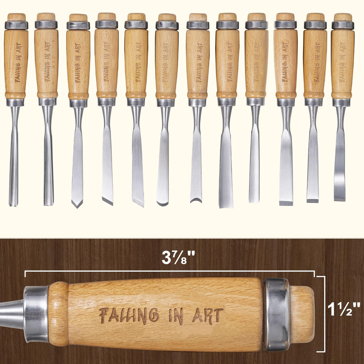 Falling in Art 12Pcs Wooden Carving Chisel Set, Woodworking Tools Set with a Leather Pouch, Full Size Knife Gouge Kit for Carving Projects, Ideal for Beginners and Professionals Falling in Art