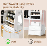 VECELO Jewelry Cabinet Standing Full Length Mirror with Interior LED Lights, 360° Swivel Lockable Jewelry Armoire with Bottom Cabinet Back Storage Shelf and Four Wheels, White VECELO