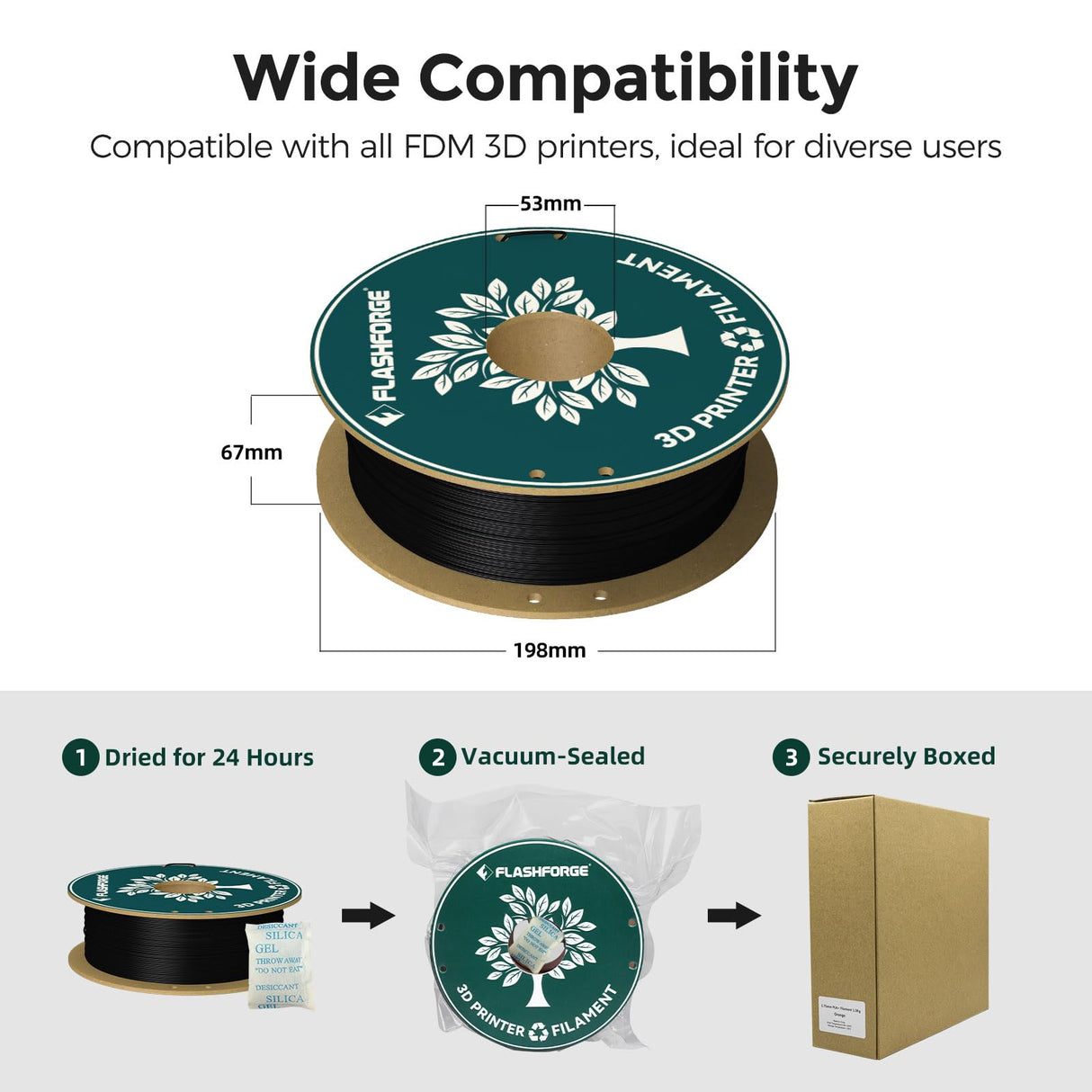 FLASHFORGE PLA Filament 1.75mm Black, 3D Printer Filament Bundle 2kg (4.4lbs) Cardboard Spool, Dimensional Accuracy +/- 0.02mm, 3D Printing Filament Easy to Use and Fits for Most FDM 3D Printers FLASHFORGE