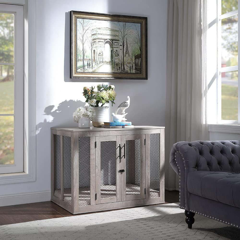 unipaws Large Dog Crate Furniture, Wooden Dog Kennel for Large Breed, Indoor Decorative Wood Dog Cage, Inside Side End Table Crate with Tray and Dog Bed, Dog Enclosure, for Dogs Up to 70 lbs unipaws