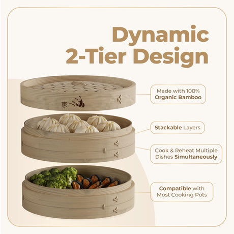 Prime Home Direct Bamboo Steamer Basket 10-inch | 2-Tier Steamer for Cooking | 50 Liners, Chopsticks, Sauce Dish | Dumpling Steamer, Food Steamer Baskets for Cooking - Rice & Vegetable Steamer Pot Prime Home Direct