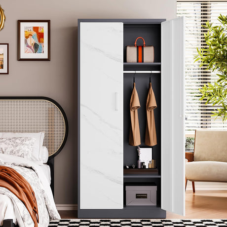 Letaya Wardrobe Closet, 72" H Clothing Storage Cabinet with Adjustable Shelves and Hanging Rod, Bedroom Armoire Clothes Organizer (White Gray) Letaya